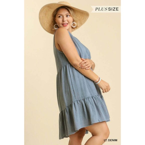 Umgee Plus Size Light Denim Washed Button Front Sleeveless Tiered Dress - Picture 3 of 5